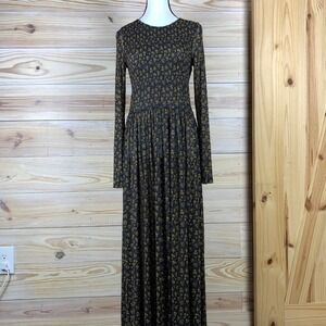 Free People Maxi Dress Womens Small Dark Floral Smocked Mesh Long Sleeve Boho